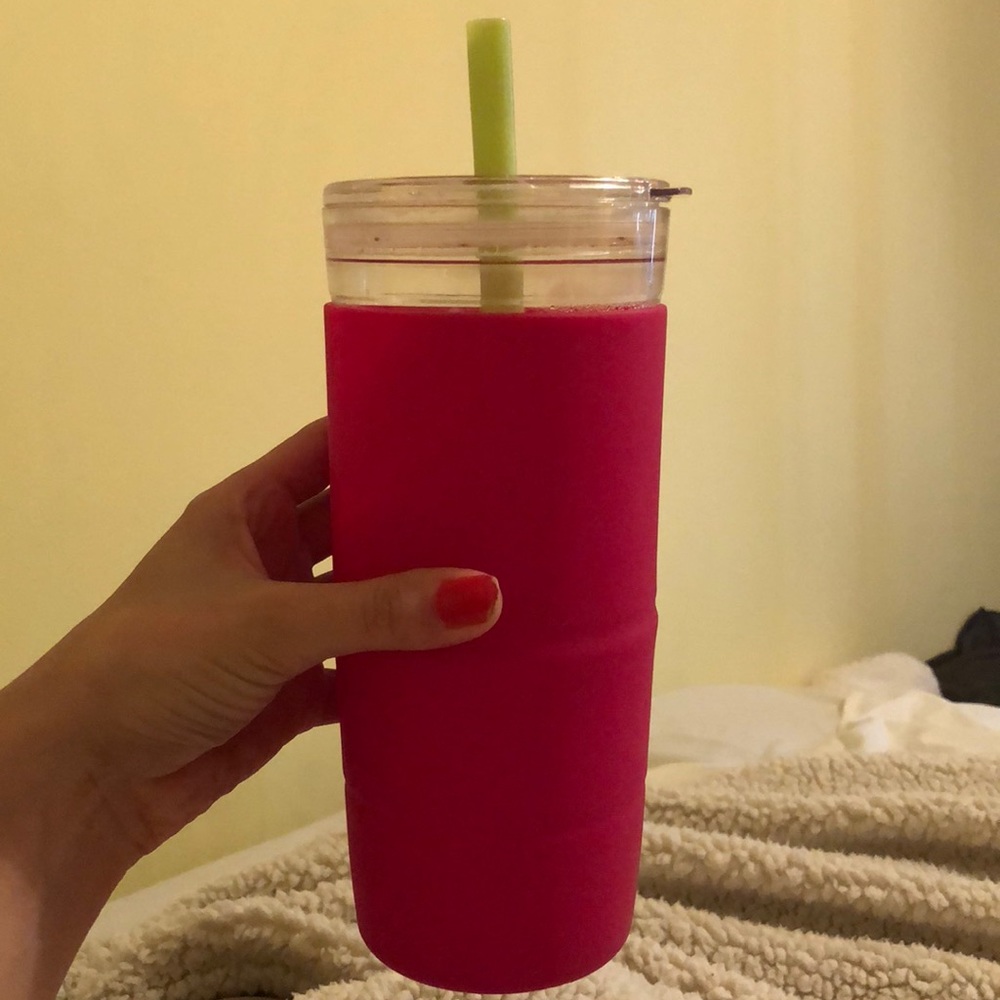 large water bottle with straw